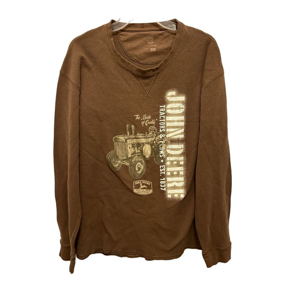 Men's Large John Deere T-Shirt waffle cotton long sleeve brown